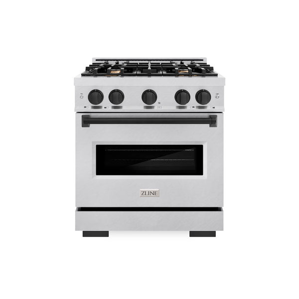 ZLINE Autograph Edition 30 in. 4.2 cu. ft. Classic Gas Range with 4 Burner Cooktop and Convection Gas Oven in Satin Stainless Steel and Matte Black Accents, Open Box-Great Condition
