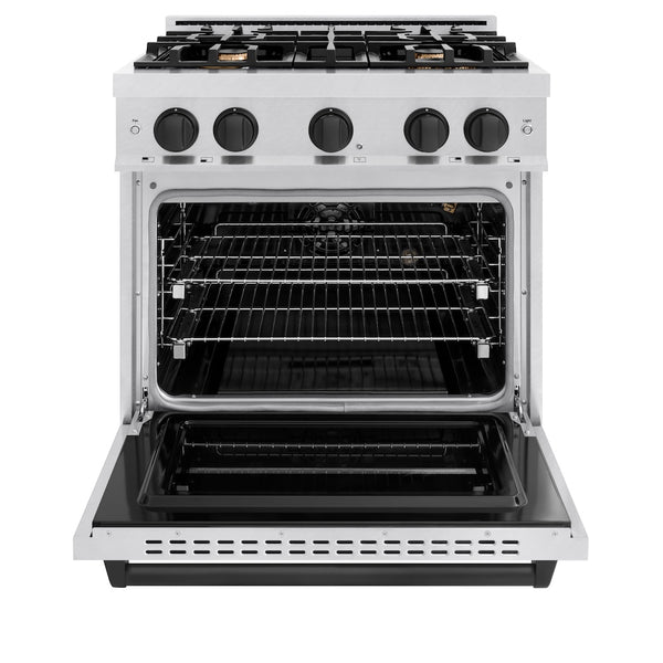 ZLINE Autograph Edition 30 in. 4.2 cu. ft. Classic Gas Range with 4 Burner Cooktop and Convection Gas Oven in Satin Stainless Steel and Matte Black Accents, Open Box-Great Condition