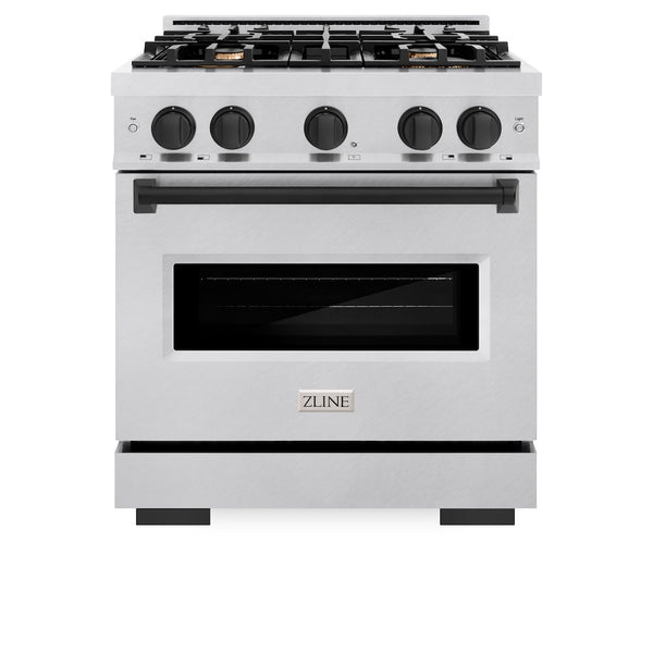 ZLINE Autograph Edition 30 in. 4.2 cu. ft. Classic Gas Range with 4 Burner Cooktop and Convection Gas Oven in Satin Stainless Steel and Matte Black Accents, Open Box-Great Condition