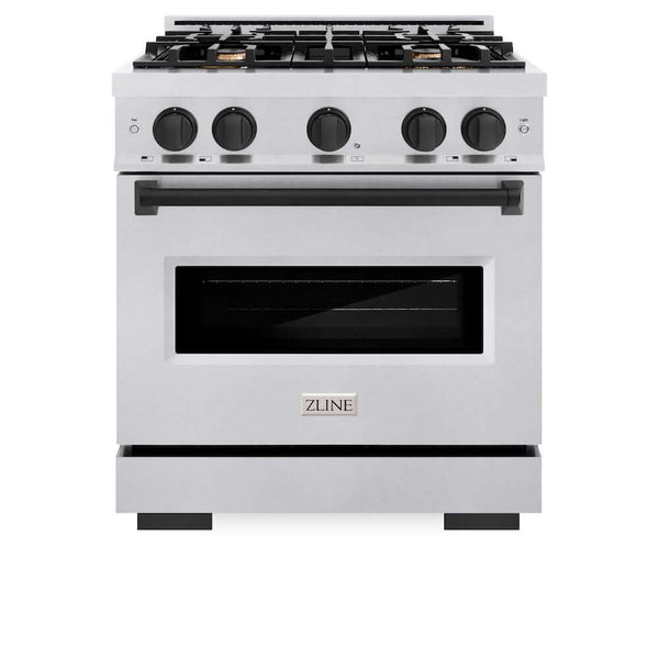 ZLINE Autograph Edition 30 in. 4.2 cu. ft. Classic Gas Range with 4 Burner Cooktop and Convection Gas Oven in Satin Stainless Steel and Matte Black Accents, Open Box-Good Condition