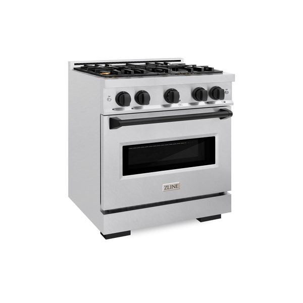 ZLINE Autograph Edition 30 in. 4.2 cu. ft. Classic Gas Range with 4 Burner Cooktop and Convection Gas Oven in Satin Stainless Steel with White Matte Door and Matte Black Accents (CGRSZ-WM-30-MB)