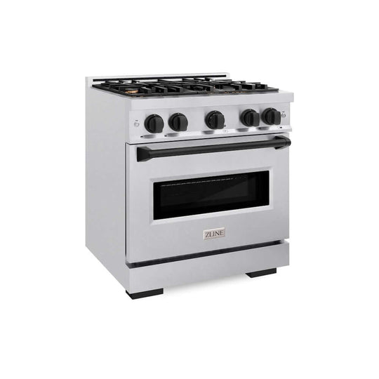 ZLINE Autograph Edition 30 in. 4.2 cu. ft. Classic Gas Range with 4 Burner Cooktop and Convection Gas Oven in Satin Stainless Steel and Matte Black Accents, Open Box-Good Condition