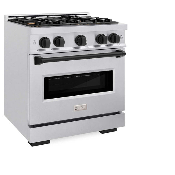 ZLINE Autograph Edition 30 in. 4.2 cu. ft. Classic Gas Range with 4 Burner Cooktop and Convection Gas Oven in Satin Stainless Steel and Matte Black Accents, Open Box-Good Condition