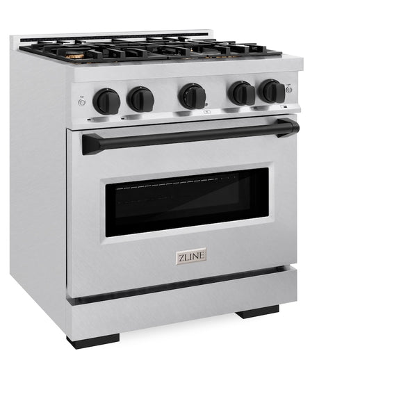 ZLINE Autograph Edition 30 in. 4.2 cu. ft. Classic Gas Range with 4 Burner Cooktop and Convection Gas Oven in Satin Stainless Steel and Matte Black Accents, Open Box-Great Condition