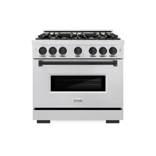 ZLINE Autograph Edition 36 in. 5.2 cu. ft. Classic Gas Range with 6 Burner Cooktop and Convection Gas Oven in Satin Stainless Steel and Matte Black Accents (CGRSZ-36-MB)