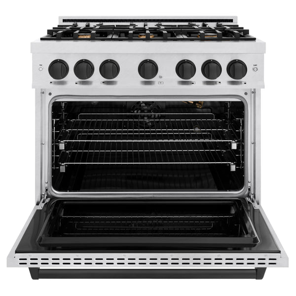 ZLINE Autograph Edition 36 in. 5.2 cu. ft. Classic Gas Range with 6 Burner Cooktop and Convection Gas Oven in Satin Stainless Steel and Matte Black Accents (CGRSZ-36-MB)
