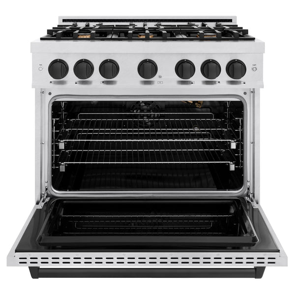 ZLINE Autograph Edition 36 in. 5.2 cu. ft. Classic Gas Range with 6 Burner Cooktop and Convection Gas Oven in Satin Stainless Steel and Matte Black Accents, Open Box-Great Condition