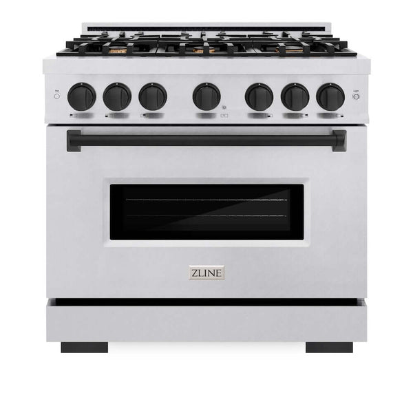 ZLINE Autograph Edition 36 in. 5.2 cu. ft. Classic Gas Range with 6 Burner Cooktop and Convection Gas Oven in Satin Stainless Steel and Matte Black Accents, Open Box-Good Condition