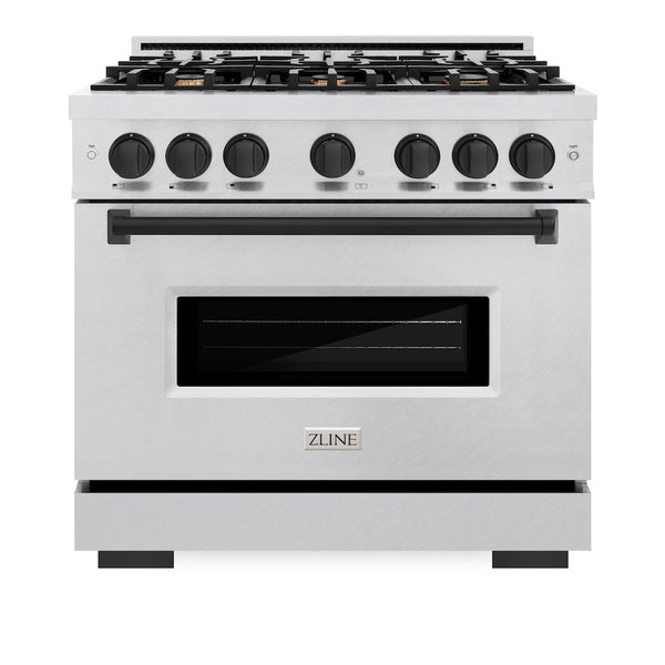 ZLINE Autograph Edition 36 in. 5.2 cu. ft. Classic Gas Range with 6 Burner Cooktop and Convection Gas Oven in Satin Stainless Steel and Matte Black Accents, Open Box-Great Condition