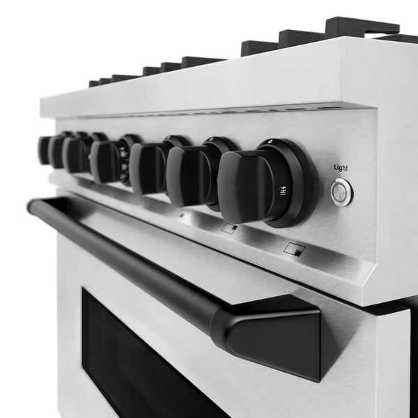 ZLINE Autograph Edition 36 in. 5.2 cu. ft. Classic Gas Range with 6 Burner Cooktop and Convection Gas Oven in Satin Stainless Steel and Matte Black Accents, Open Box-Great Condition
