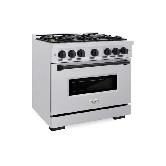 ZLINE Autograph Edition 36 in. 5.2 cu. ft. Classic Gas Range with 6 Burner Cooktop and Convection Gas Oven in Satin Stainless Steel and Matte Black Accents, Open Box-Good Condition