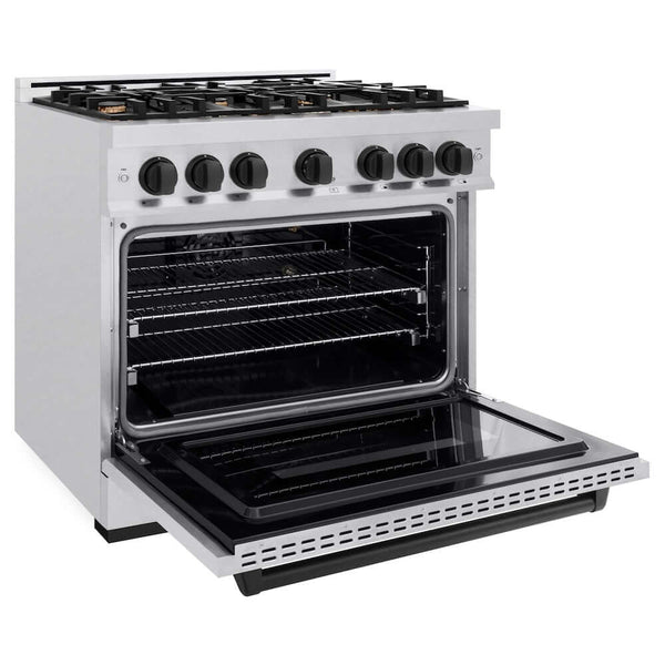 ZLINE Autograph Edition 36 in. 5.2 cu. ft. Classic Gas Range with 6 Burner Cooktop and Convection Gas Oven in Satin Stainless Steel and Matte Black Accents, Open Box-Good Condition