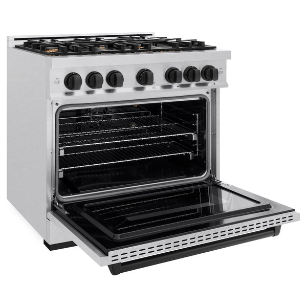 ZLINE Autograph Edition 36 in. 5.2 cu. ft. Classic Gas Range with 6 Burner Cooktop and Convection Gas Oven in Satin Stainless Steel and Matte Black Accents, Open Box-Great Condition