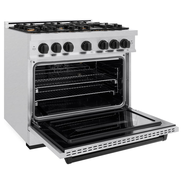 ZLINE Autograph Edition 36 in. 5.2 cu. ft. Classic Gas Range with 6 Burner Cooktop and Convection Gas Oven in Satin Stainless Steel and Matte Black Accents (CGRSZ-36-MB)