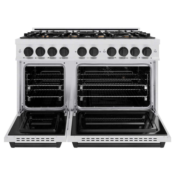 ZLINE Autograph Edition 48 in. 6.7 cu. ft. Classic Double Oven Gas Range with 8 Burner Cooktop in Satin Stainless Steel and Matte Black Accents, Open Box-Good Condition