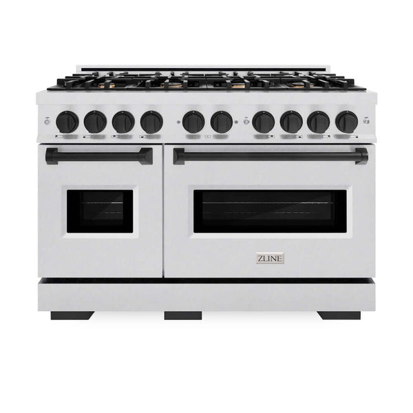 ZLINE Autograph Edition 48 in. 6.7 cu. ft. Classic Double Oven Gas Range with 8 Burner Cooktop in Satin Stainless Steel and Matte Black Accents, Open Box-Good Condition