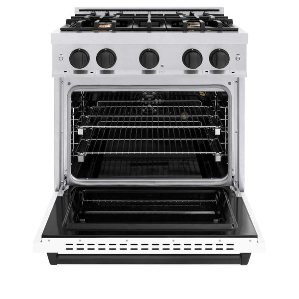 ZLINE Autograph Edition 30 in. 4.2 cu. ft. Classic Gas Range with 4 Burner Cooktop and Convection Gas Oven in Satin Stainless Steel with White Matte Door and Matte Black Accents, Open Box-Good Condition