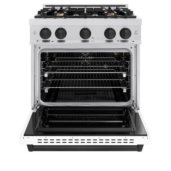 ZLINE Autograph Edition 30 in. 4.2 cu. ft. Classic Gas Range with 4 Burner Cooktop and Convection Gas Oven in Satin Stainless Steel with White Matte Door and Matte Black Accents, Open Box-Great Condition