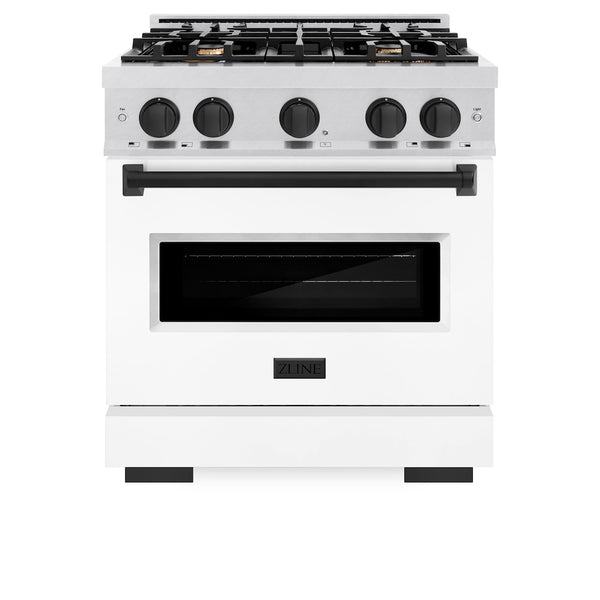 ZLINE Autograph Edition 30 in. 4.2 cu. ft. Classic Gas Range with 4 Burner Cooktop and Convection Gas Oven in Satin Stainless Steel with White Matte Door and Matte Black Accents, Open Box-Great Condition