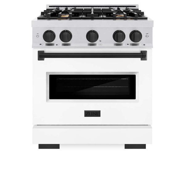 ZLINE Autograph Edition 30 in. 4.2 cu. ft. Classic Gas Range with 4 Burner Cooktop and Convection Gas Oven in Satin Stainless Steel with White Matte Door and Matte Black Accents, Open Box-Good Condition