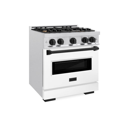 ZLINE Autograph Edition 30 in. 4.2 cu. ft. Classic Gas Range with 4 Burner Cooktop and Convection Gas Oven in Satin Stainless Steel with White Matte Door and Matte Black Accents, Open Box-Great Condition