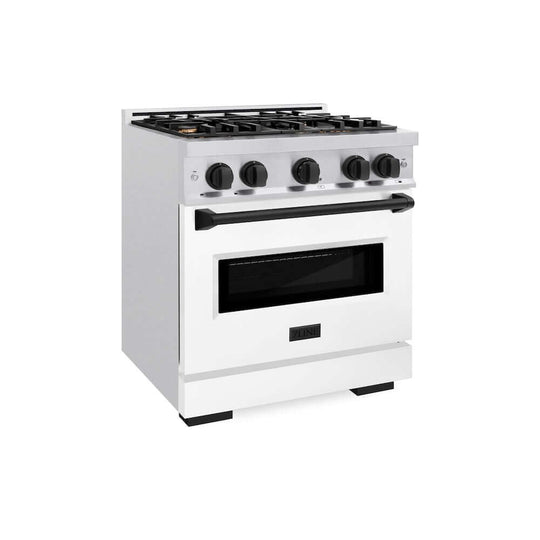 ZLINE Autograph Edition 30 in. 4.2 cu. ft. Classic Gas Range with 4 Burner Cooktop and Convection Gas Oven in Satin Stainless Steel with White Matte Door and Matte Black Accents, Open Box-Good Condition