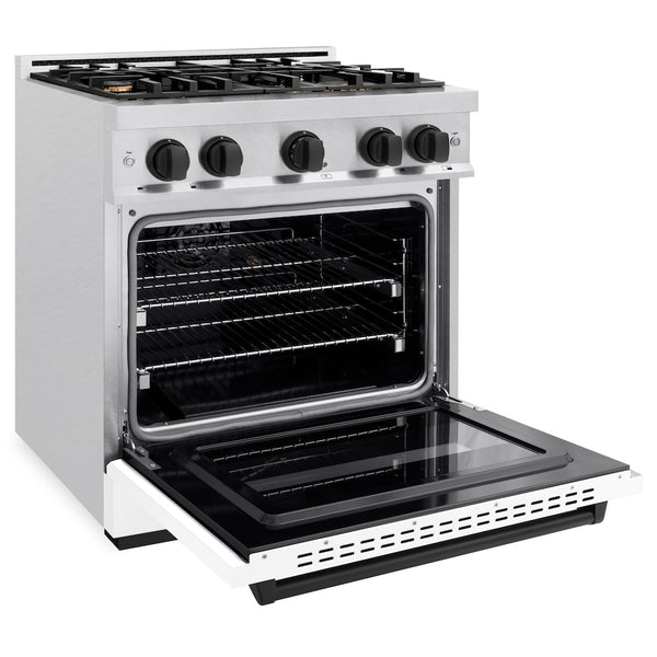 ZLINE Autograph Edition 30 in. 4.2 cu. ft. Classic Gas Range with 4 Burner Cooktop and Convection Gas Oven in Satin Stainless Steel with White Matte Door and Matte Black Accents, Open Box-Great Condition