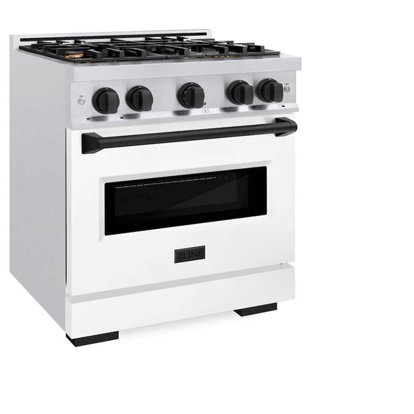 ZLINE Autograph Edition 30 in. 4.2 cu. ft. Classic Gas Range with 4 Burner Cooktop and Convection Gas Oven in Satin Stainless Steel with White Matte Door and Matte Black Accents, Open Box-Good Condition