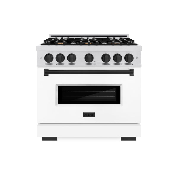 ZLINE Autograph Edition 36 in. 5.2 cu. ft. Classic Gas Range with 6 Burner Cooktop and Convection Gas Oven in Satin Stainless Steel with White Matte Door and Matte Black Accents, Open Box-Great Condition