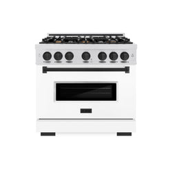 ZLINE Autograph Edition 36 in. 5.2 cu. ft. Classic Gas Range with 6 Burner Cooktop and Convection Gas Oven in Satin Stainless Steel with White Matte Door and Matte Black Accents (CGRSZ-WM-36-MB)