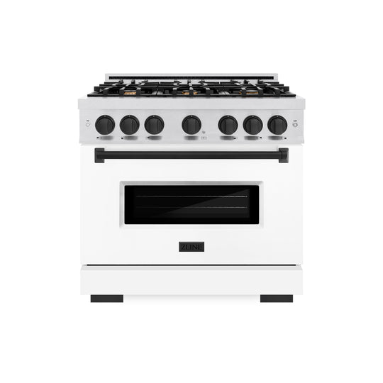 ZLINE Autograph Edition 36 in. 5.2 cu. ft. Classic Gas Range with 6 Burner Cooktop and Convection Gas Oven in Satin Stainless Steel with White Matte Door and Matte Black Accents (CGRSZ-WM-36-MB)