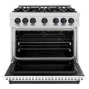 ZLINE Autograph Edition 36 in. 5.2 cu. ft. Classic Gas Range with 6 Burner Cooktop and Convection Gas Oven in Satin Stainless Steel with White Matte Door and Matte Black Accents (CGRSZ-WM-36-MB)