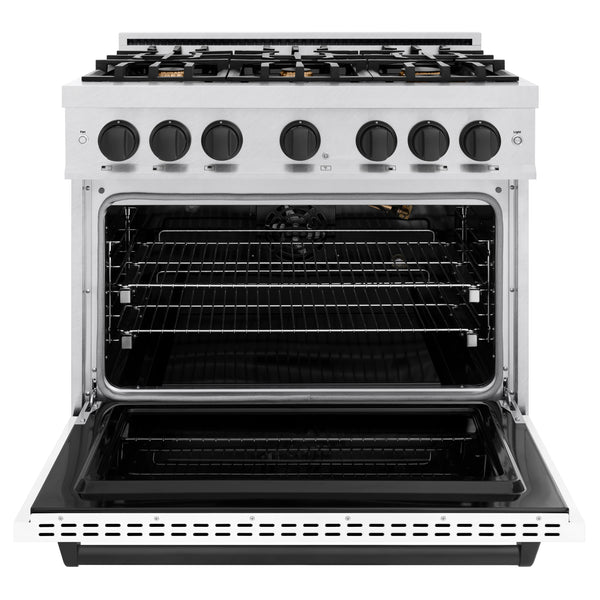 ZLINE Autograph Edition 36 in. 5.2 cu. ft. Classic Gas Range with 6 Burner Cooktop and Convection Gas Oven in Satin Stainless Steel with White Matte Door and Matte Black Accents (CGRSZ-WM-36-MB)