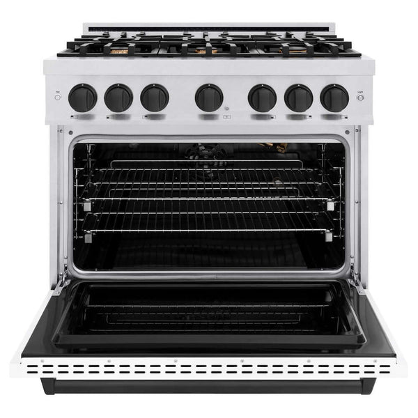 ZLINE Autograph Edition 36 in. 5.2 cu. ft. Classic Gas Range with 6 Burner Cooktop and Convection Gas Oven in Satin Stainless Steel with White Matte Door and Matte Black Accents, Open Box-Good Condition