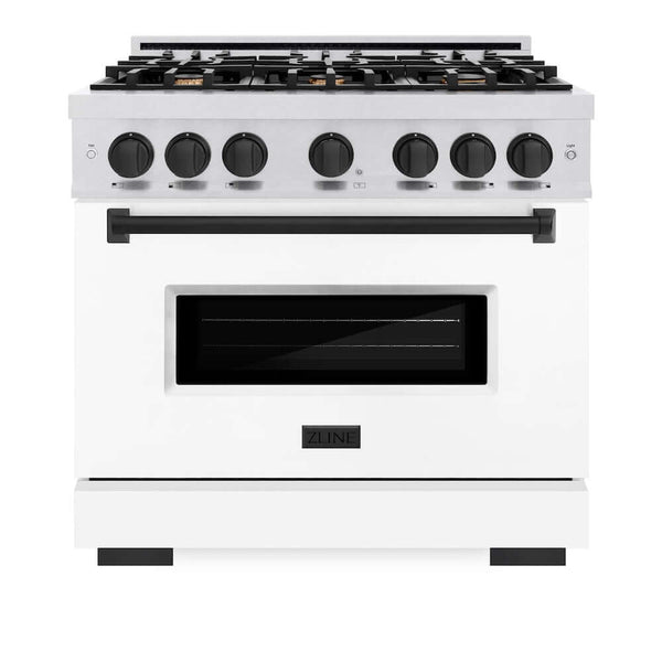 ZLINE Autograph Edition 36 in. 5.2 cu. ft. Classic Gas Range with 6 Burner Cooktop and Convection Gas Oven in Satin Stainless Steel with White Matte Door and Matte Black Accents, Open Box-Good Condition