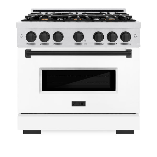 ZLINE Autograph Edition 36 in. 5.2 cu. ft. Classic Gas Range with 6 Burner Cooktop and Convection Gas Oven in Satin Stainless Steel with White Matte Door and Matte Black Accents, Open Box-Great Condition