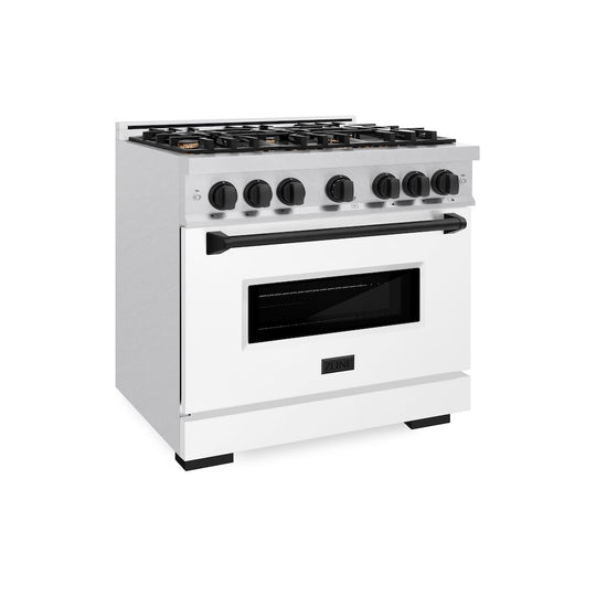 ZLINE Autograph Edition 36 in. 5.2 cu. ft. Classic Gas Range with 6 Burner Cooktop and Convection Gas Oven in Satin Stainless Steel with White Matte Door and Matte Black Accents, Open Box-Great Condition