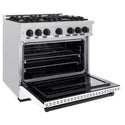 ZLINE Autograph Edition 36 in. 5.2 cu. ft. Classic Gas Range with 6 Burner Cooktop and Convection Gas Oven in Satin Stainless Steel with White Matte Door and Matte Black Accents, Open Box-Good Condition