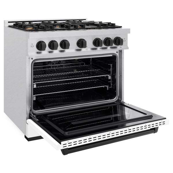 ZLINE Autograph Edition 36 in. 5.2 cu. ft. Classic Gas Range with 6 Burner Cooktop and Convection Gas Oven in Satin Stainless Steel with White Matte Door and Matte Black Accents, Open Box-Great Condition