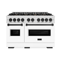 ZLINE Autograph Edition 48 in. 6.7 cu. ft. Classic Double Oven Gas Range with 8 Burner Cooktop in Satin Stainless Steel with White Matte Doors and Matte Black Accents (CGRSZ-WM-48-MB)