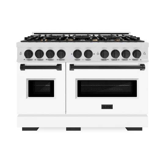 ZLINE Autograph Edition 48 in. 6.7 cu. ft. Classic Double Oven Gas Range with 8 Burner Cooktop in Satin Stainless Steel with White Matte Doors and Matte Black Accents (CGRSZ-WM-48-MB)