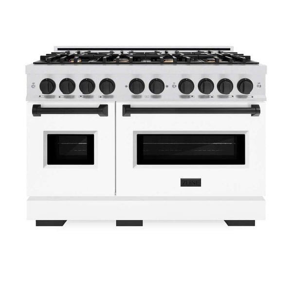 ZLINE Autograph Edition 48 in. 6.7 cu. ft. Classic Double Oven Gas Range with 8 Burner Cooktop in Satin Stainless Steel with White Matte Doors and Matte Black Accents, Open Box-Good Condition