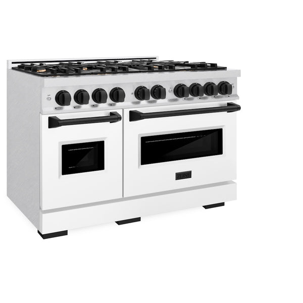 ZLINE Autograph Edition 48 in. 6.7 cu. ft. Classic Double Oven Gas Range with 8 Burner Cooktop in Satin Stainless Steel with White Matte Doors and Matte Black Accents, Open Box-Great Condition