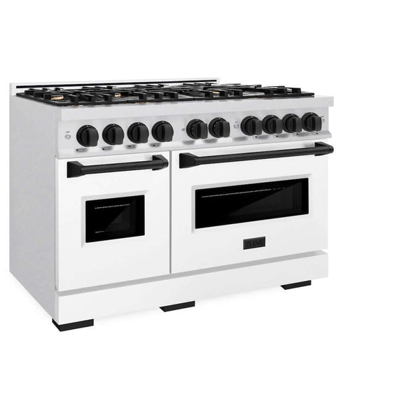 ZLINE Autograph Edition 48 in. 6.7 cu. ft. Classic Double Oven Gas Range with 8 Burner Cooktop in Satin Stainless Steel with White Matte Doors and Matte Black Accents, Open Box-Good Condition