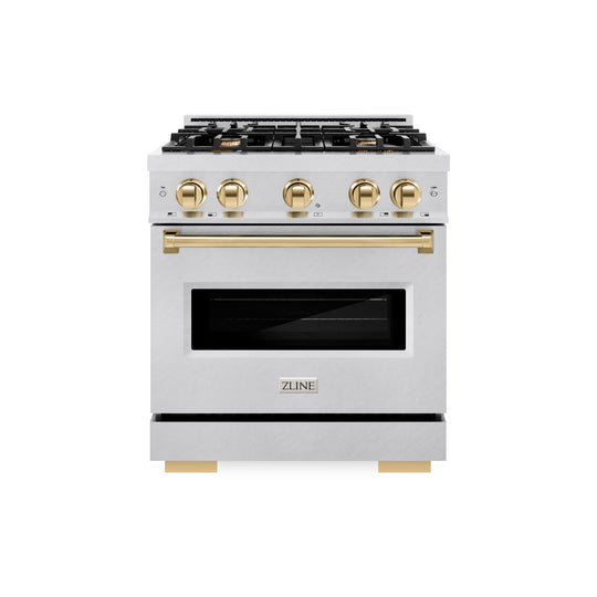 ZLINE Autograph Edition 30 in. 4.2 cu. ft. Classic Gas Range with 4 Burner Cooktop and Convection Gas Oven in Satin Stainless Steel and Polished Gold Accents (CGRSZ-30-G)