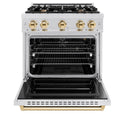 ZLINE Autograph Edition 30 in. 4.2 cu. ft. Classic Gas Range with 4 Burner Cooktop and Convection Gas Oven in Satin Stainless Steel and Polished Gold Accents, Open Box-Great Condition