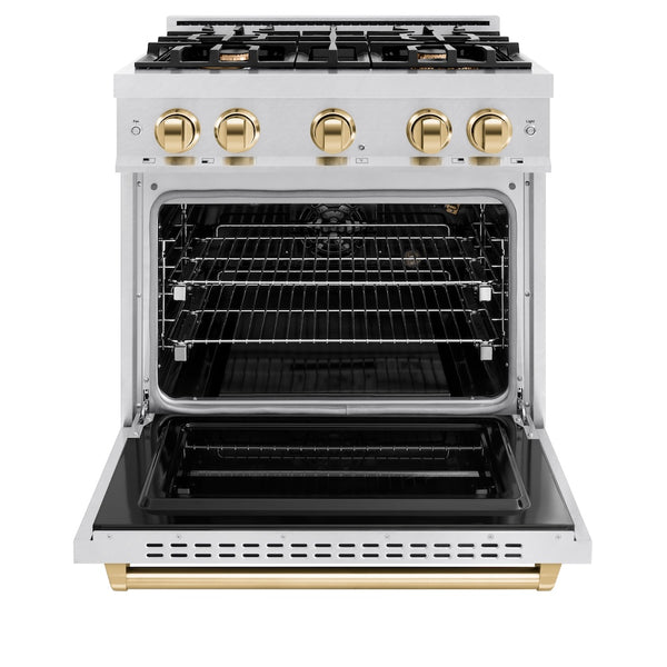ZLINE Autograph Edition 30 in. 4.2 cu. ft. Classic Gas Range with 4 Burner Cooktop and Convection Gas Oven in Satin Stainless Steel and Polished Gold Accents, Open Box-Great Condition