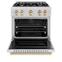 ZLINE Autograph Edition 30 in. 4.2 cu. ft. Classic Gas Range with 4 Burner Cooktop and Convection Gas Oven in Satin Stainless Steel and Polished Gold Accents, Open Box-Good Condition