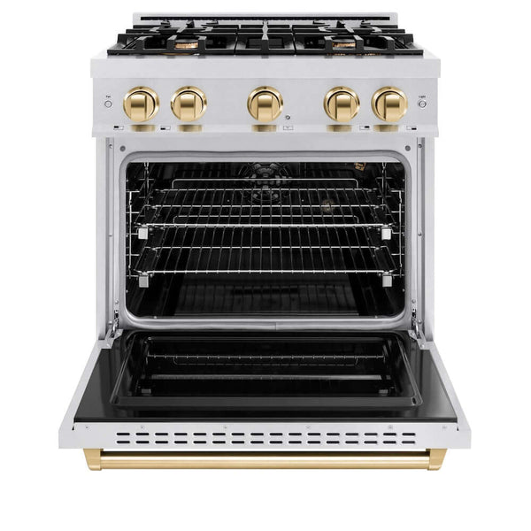 ZLINE Autograph Edition 30 in. 4.2 cu. ft. Classic Gas Range with 4 Burner Cooktop and Convection Gas Oven in Satin Stainless Steel and Polished Gold Accents, Open Box-Good Condition