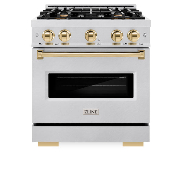 ZLINE Autograph Edition 30 in. 4.2 cu. ft. Classic Gas Range with 4 Burner Cooktop and Convection Gas Oven in Satin Stainless Steel and Polished Gold Accents (CGRSZ-30-G)
